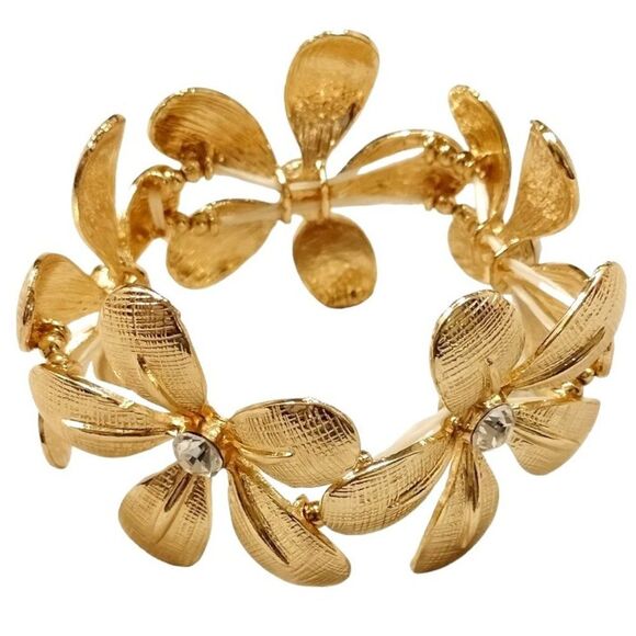 Gold Tone Brass Sculpted Flower with Diamond Cut Crystal Stretch Bracelet - Picture 3 of 6